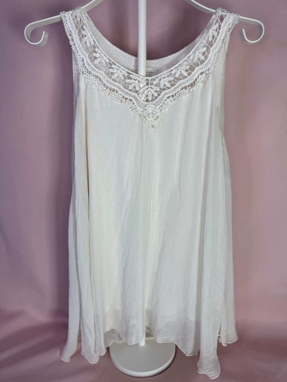Bella Umbra - 100% Silk Made in Italy White Boho Crochet Lace Top - Size S